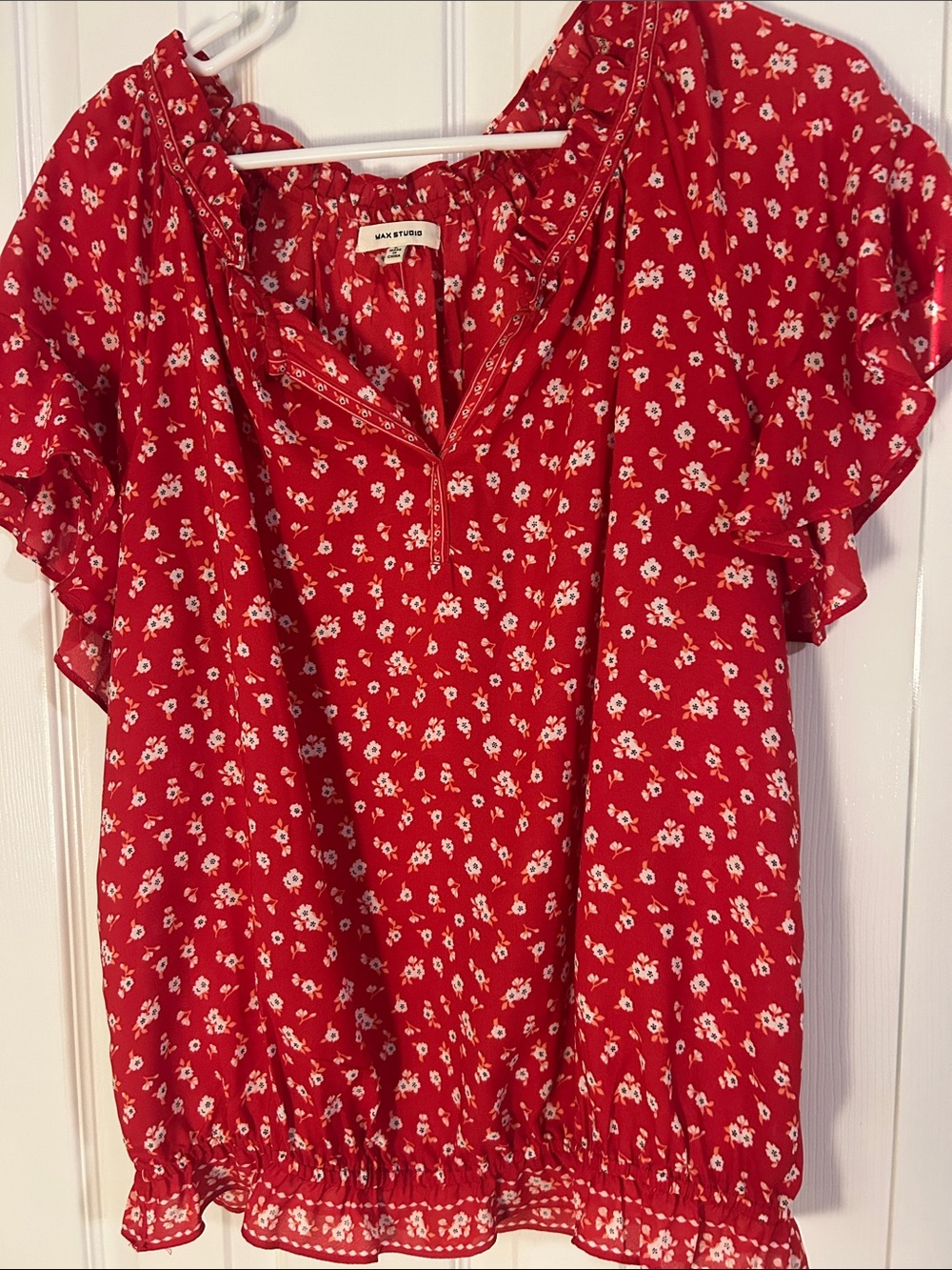Madewell Red Floral Ruffle Sleeve Blouse
